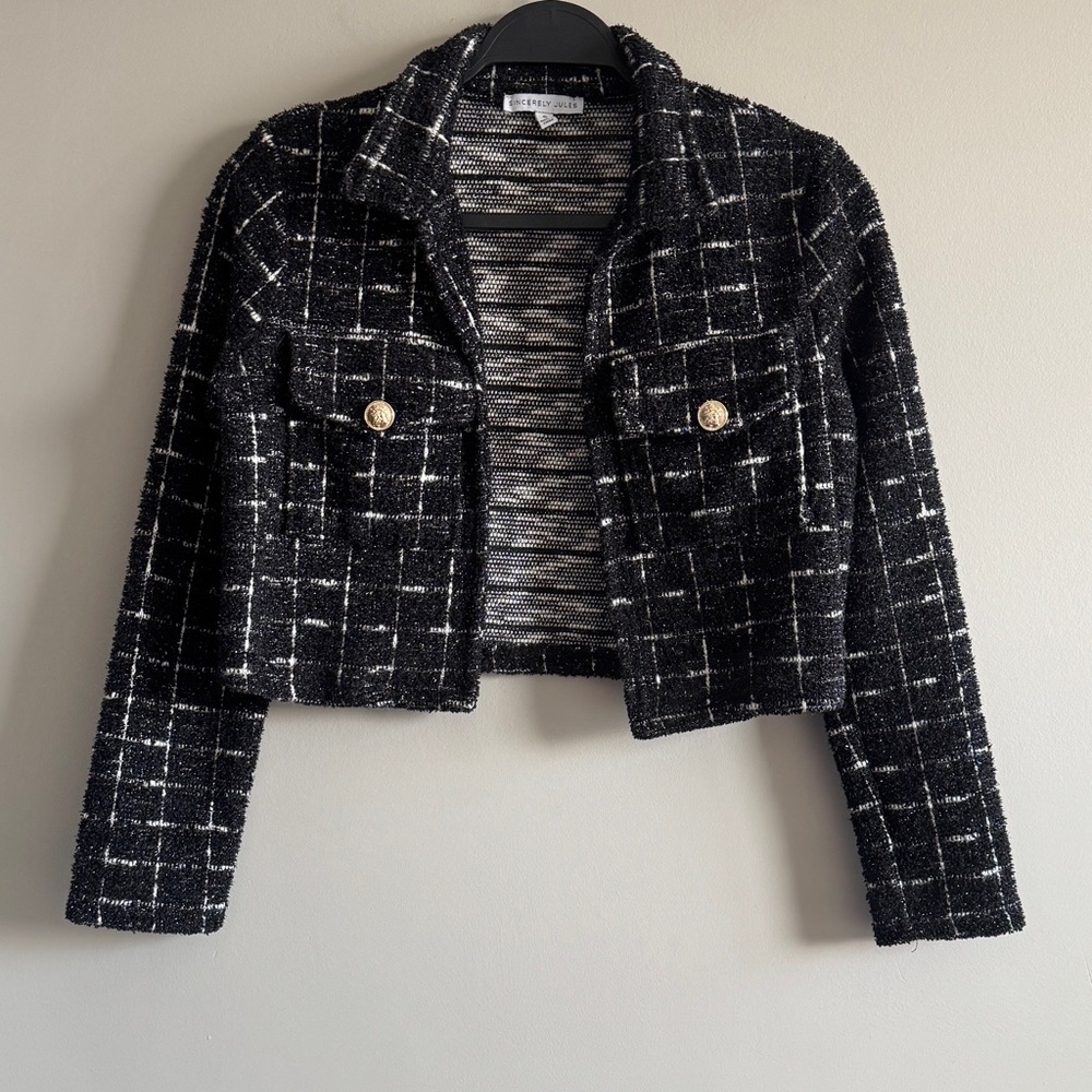 Sincerely Jules Black and White Cropped Tweed Blazer